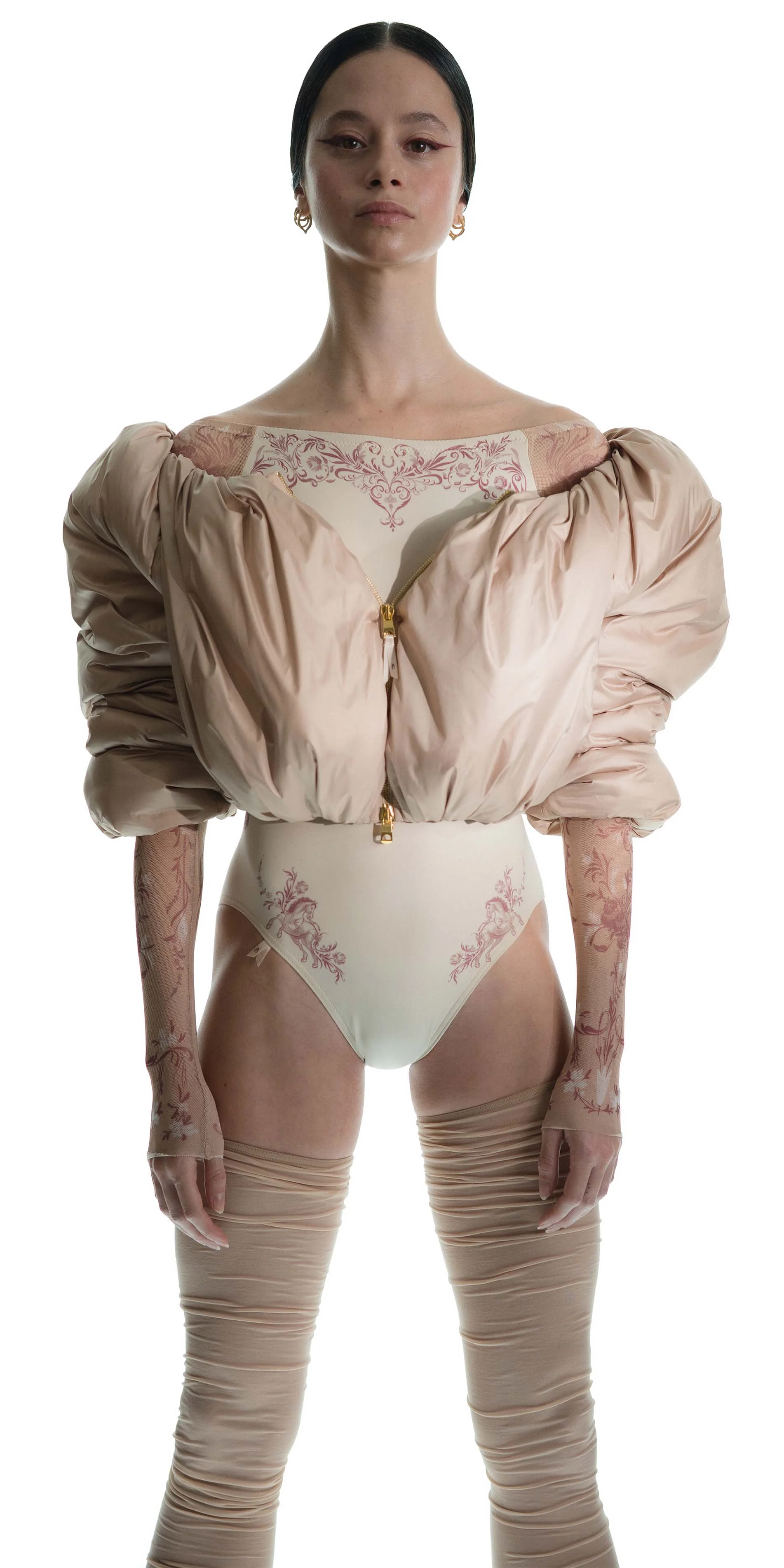 Cropped boatneck puffer jacket in light beige front unzipped cropped