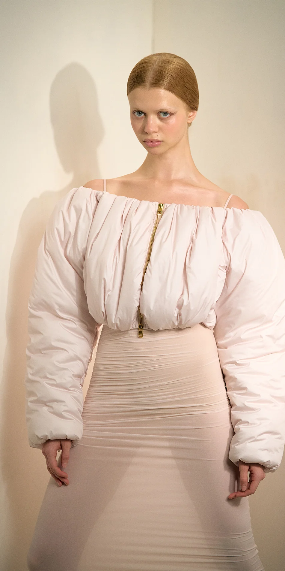 Cropped boatneck puffer jacket in soft pink front cropped