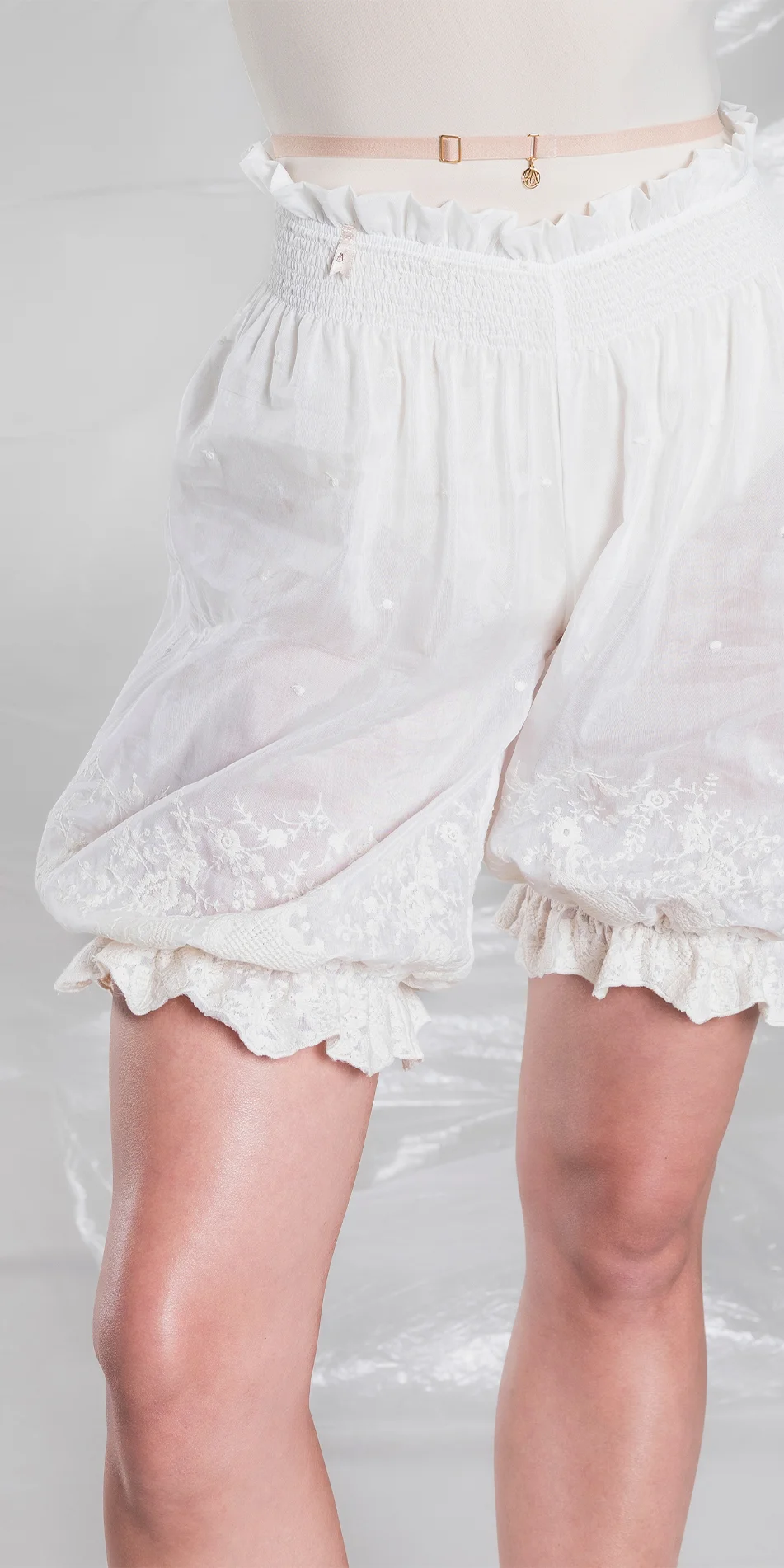 Cotton silk embroidered bloomers in cream front close up