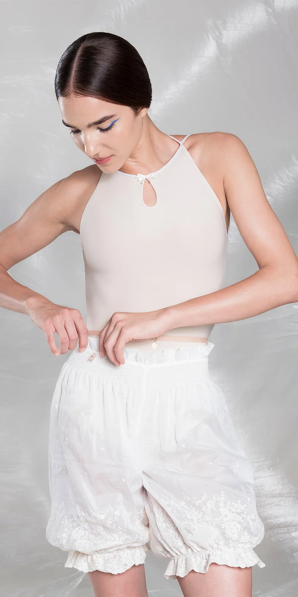 Cotton silk embroidered bloomers in cream cropped front view