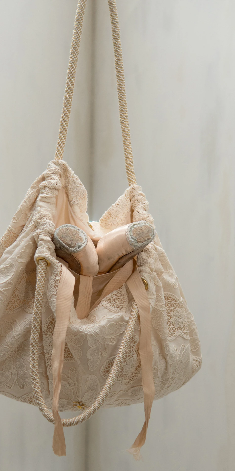 Embroidered cotton tote in cream open