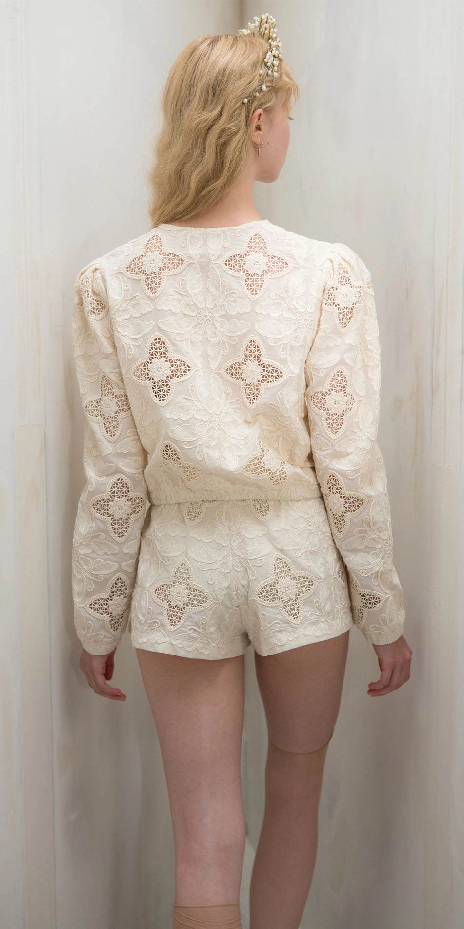 Round neck embroidered cotton jacket in cream back view cropped