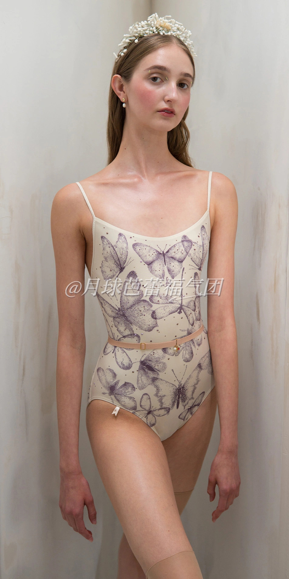Printed camisole leotard with rhinestones in cream front
