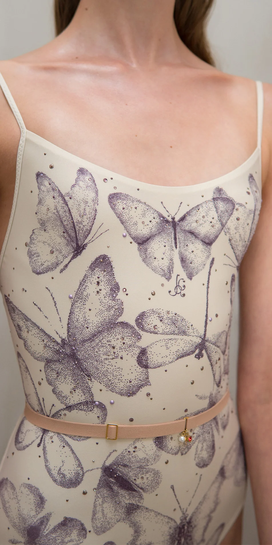 Printed camisole leotard with rhinestones in cream close up front