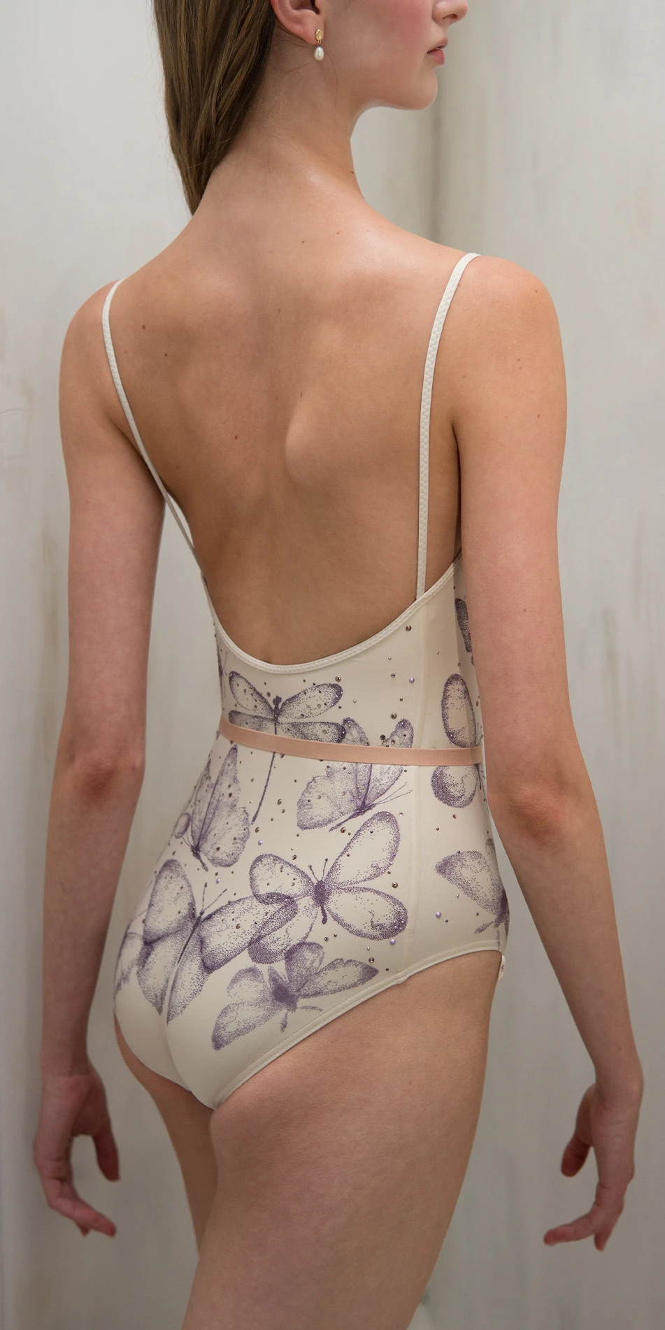 Printed camisole leotard with rhinestones in cream back