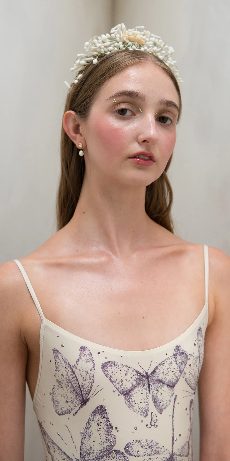 Printed camisole leotard with rhinestones in cream close up front 2