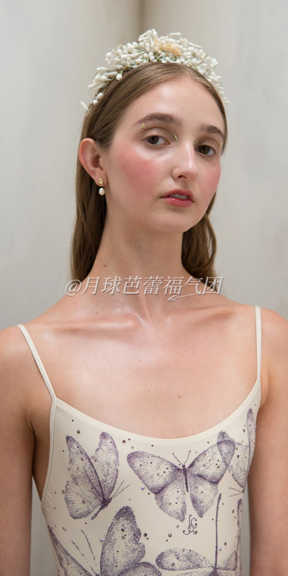 Printed camisole leotard with rhinestones in cream close up front 2