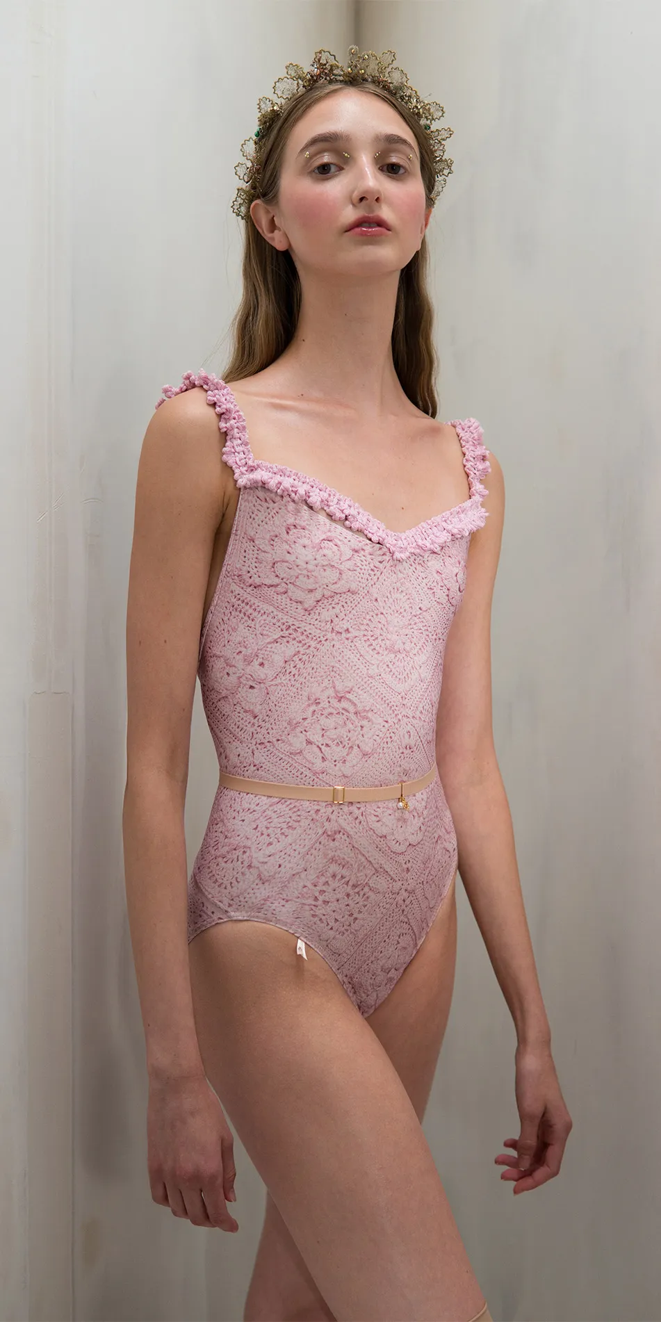 Camisole leotard with crochet trim in dusty pink front cropped