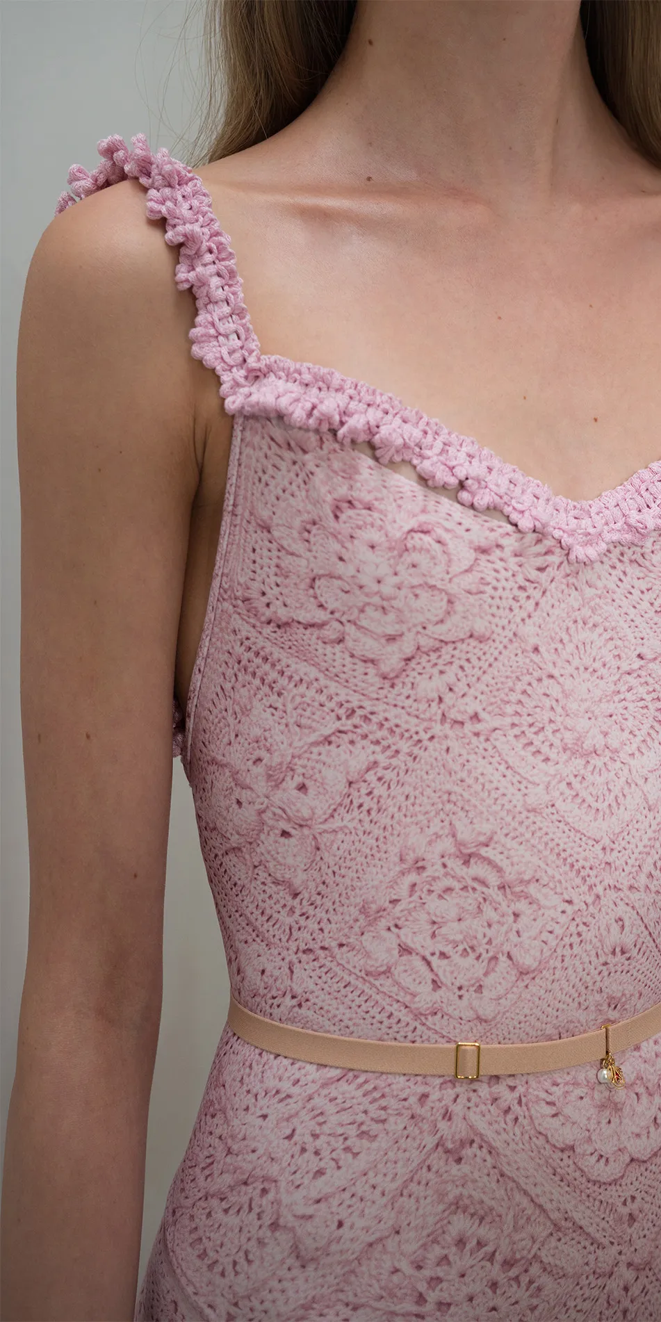 Camisole leotard with crochet trim in dusty pink front close up