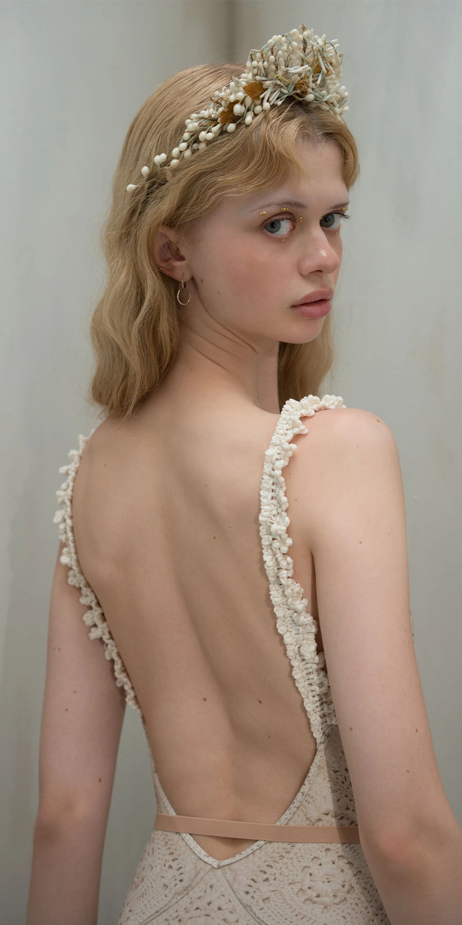 Camisole leotard with crochet trim in cream back look