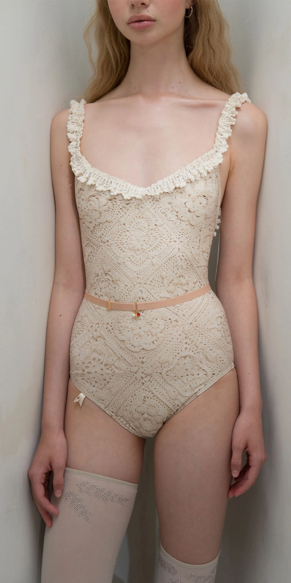 Camisole leotard with crochet trim in cream close up front