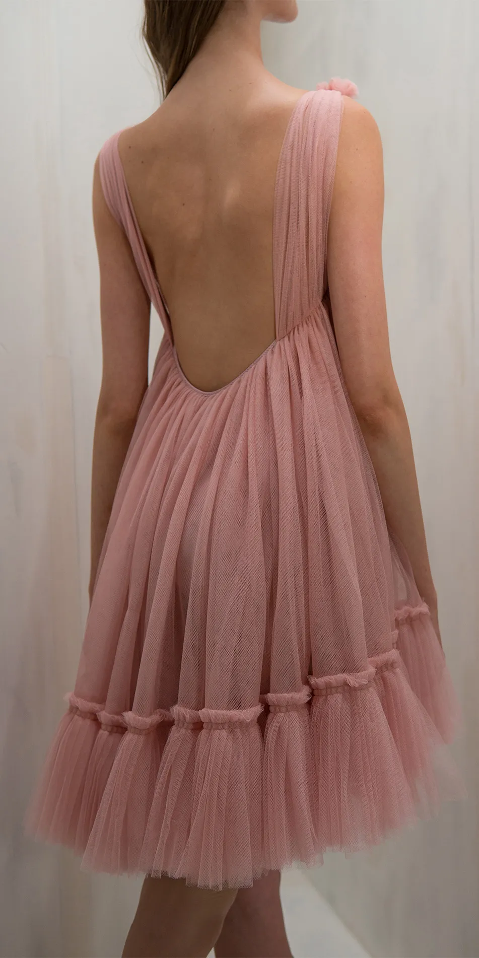 Tulle split neck babydoll dress in dusty pink back cropped