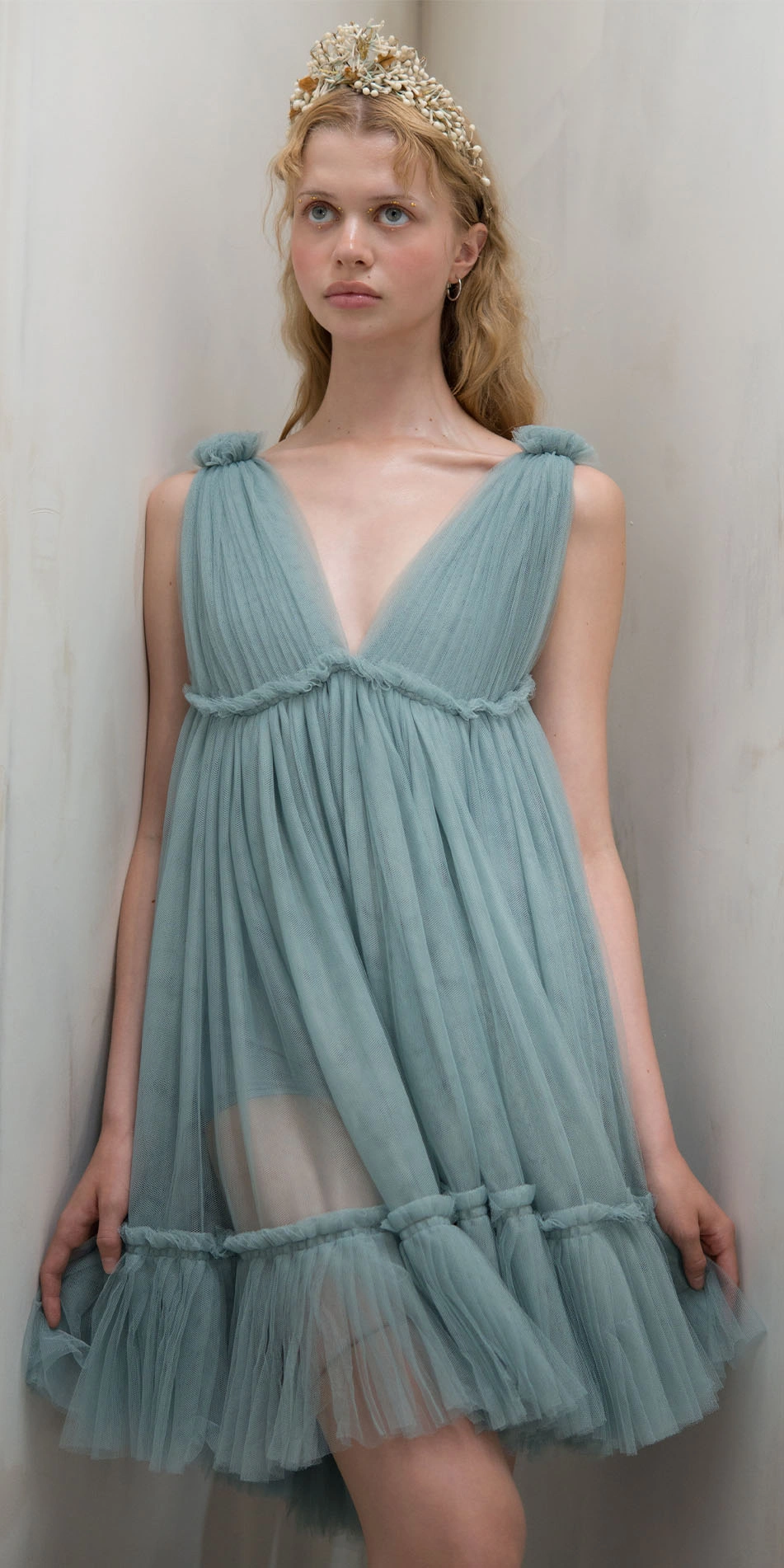 Tulle split neck babydoll dress in light blue front cropped looking up