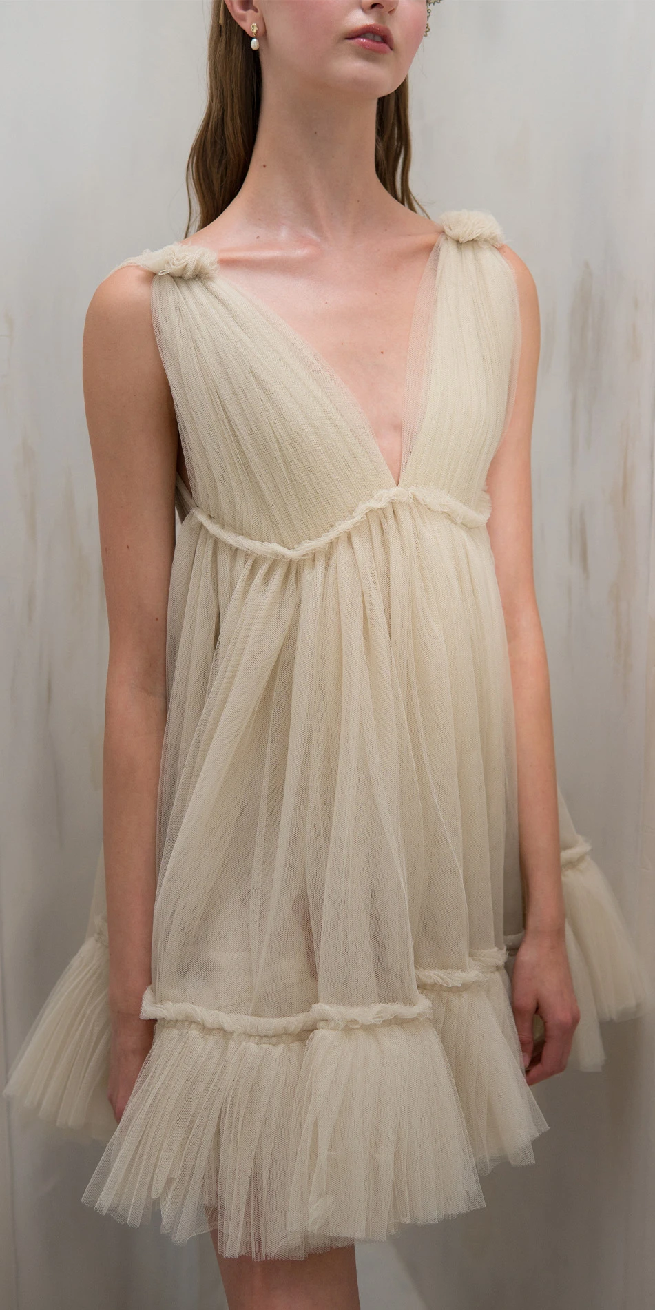 Tulle split neck babydoll dress in beige front
