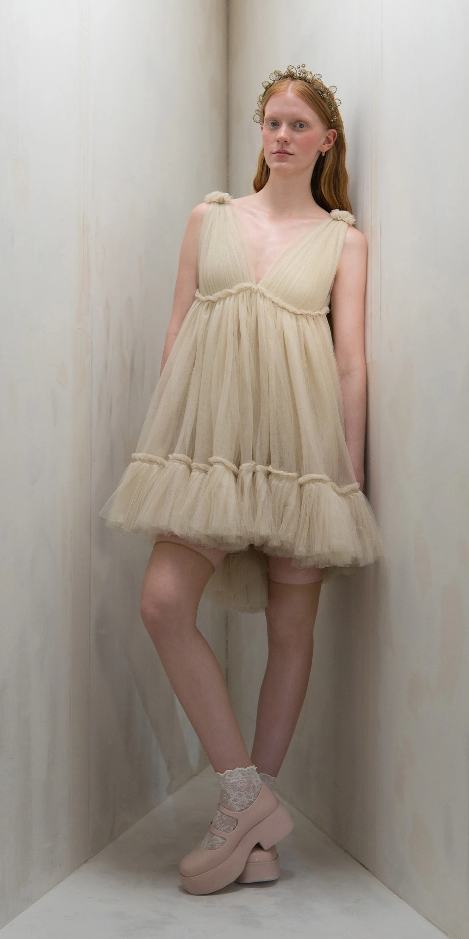 Tulle split neck babydoll dress in beige full body on 2