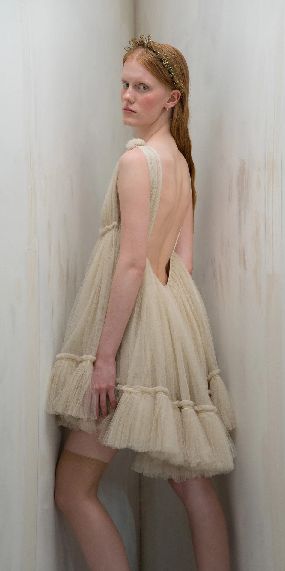 Tulle split neck babydoll dress in beige side