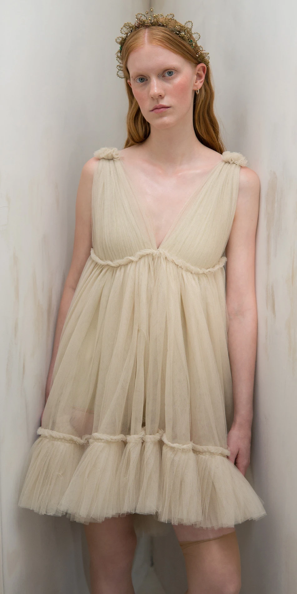 Tulle split neck babydoll dress in beige front 2