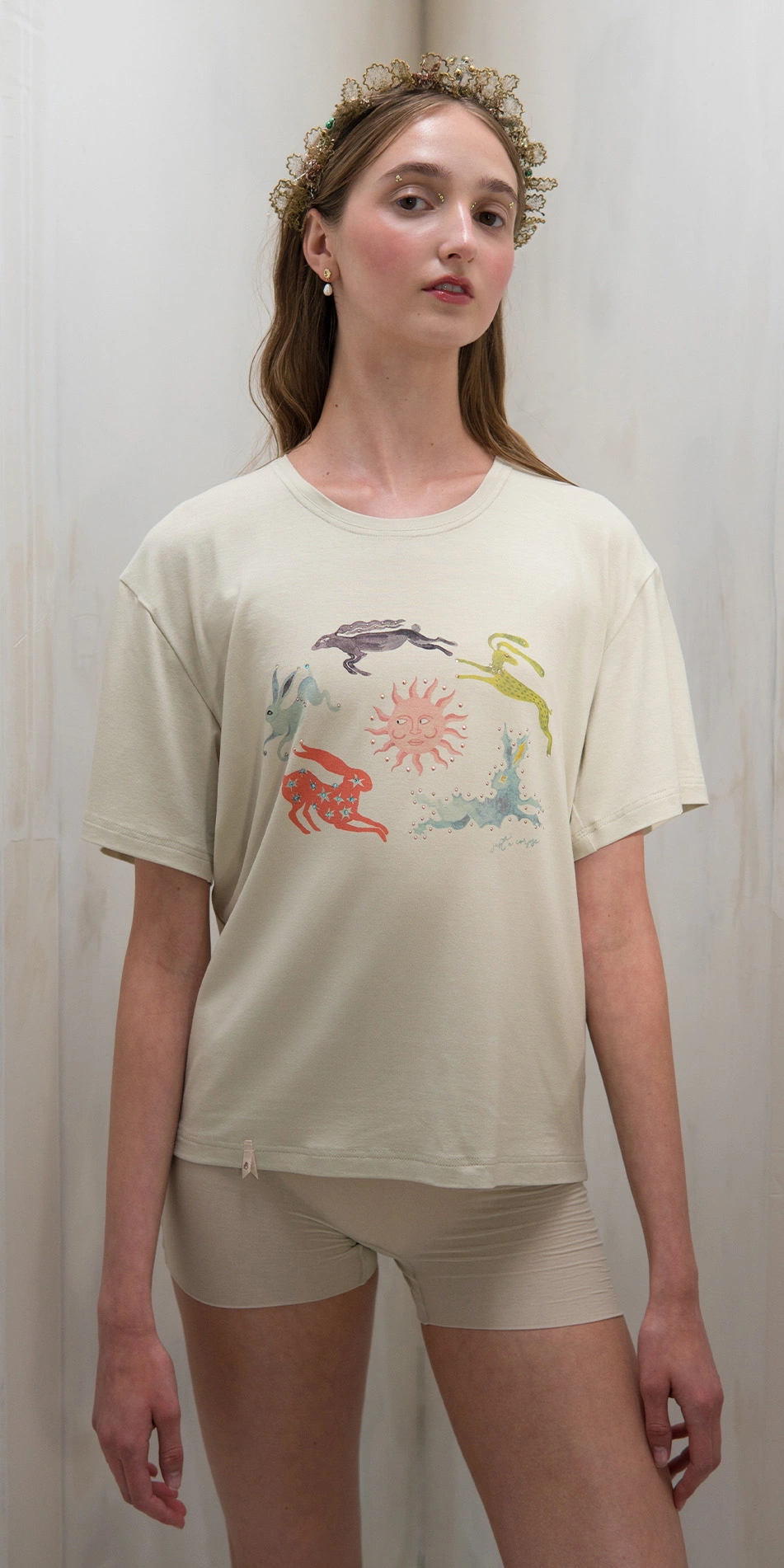 rabbit print t shirt with rhinstones in beige front cropped pose