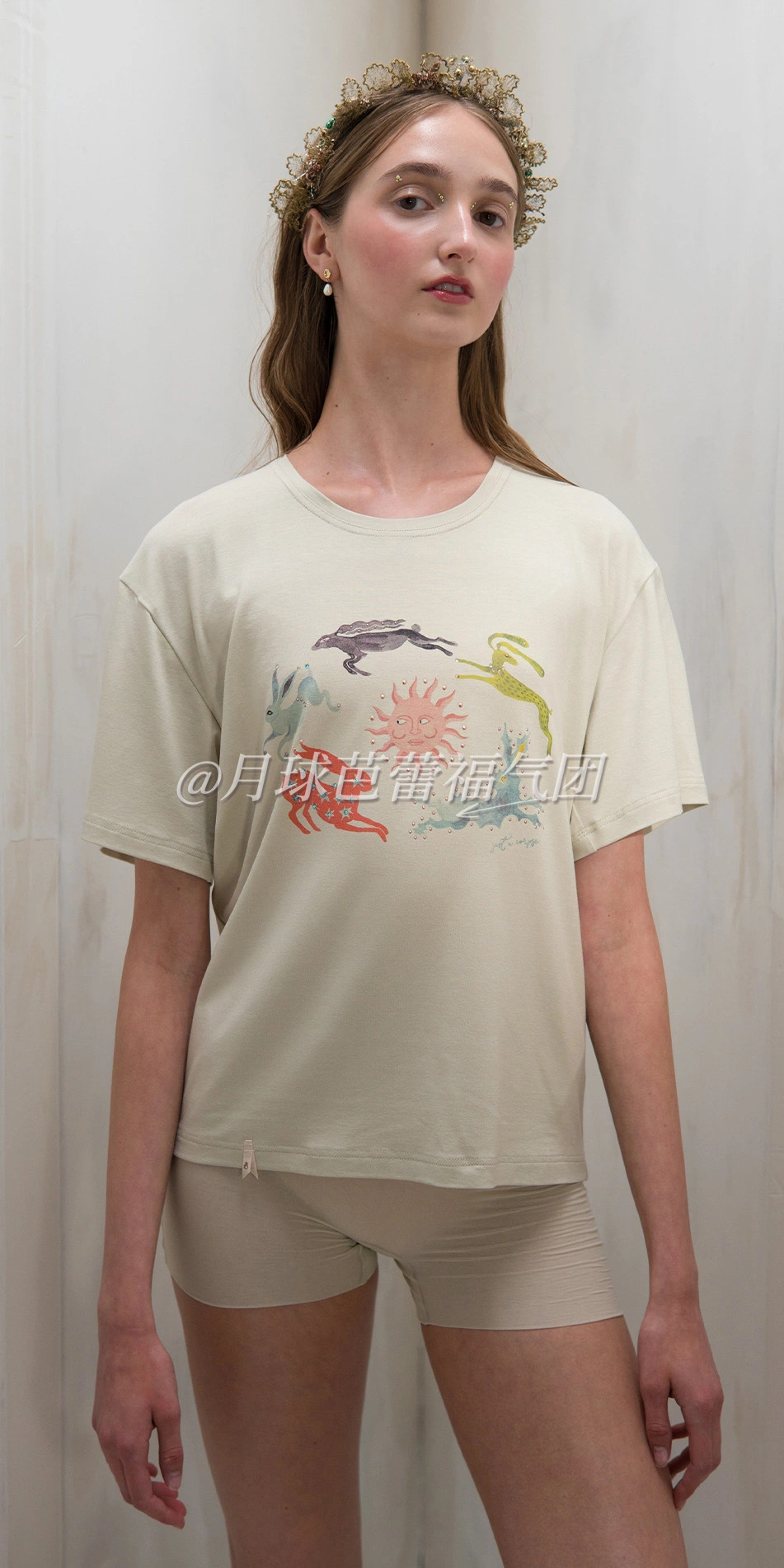 rabbit print t shirt with rhinstones in beige front cropped pose