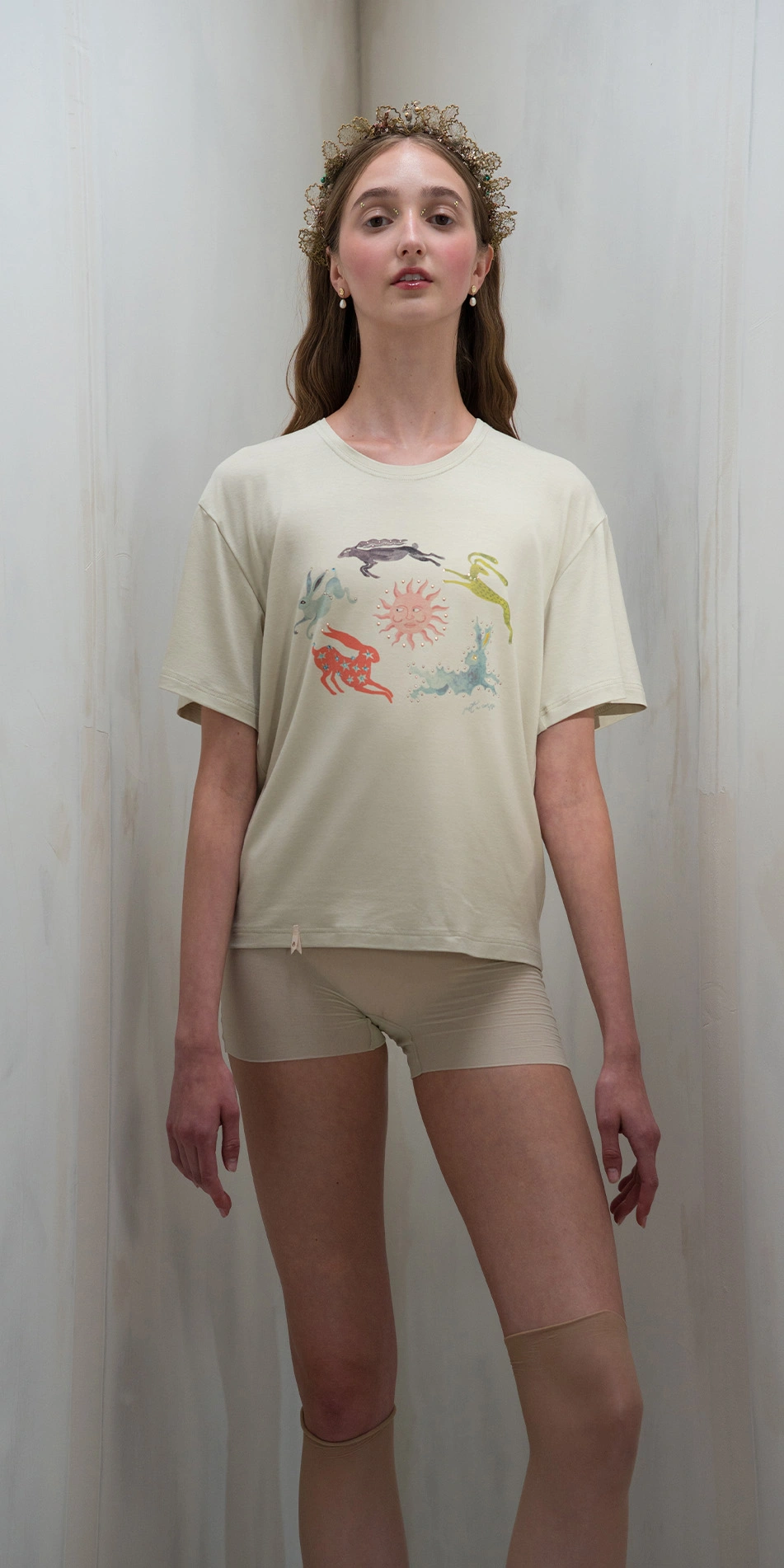 rabbit print t shirt with rhinstones in beige front pose