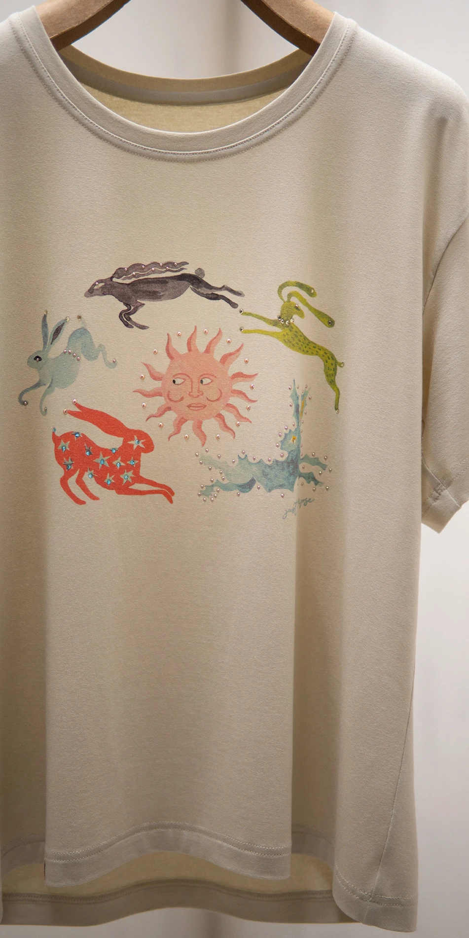 rabbit print t shirt with rhinstones in beige front cropped