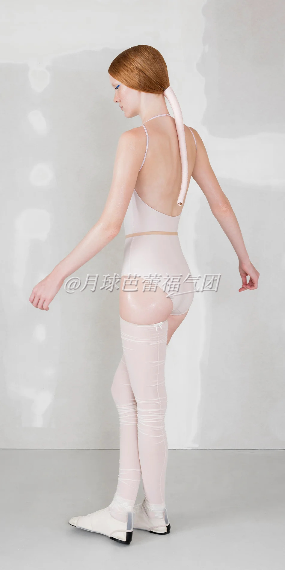 Classic choker leotard with cut out in pearl pink back view