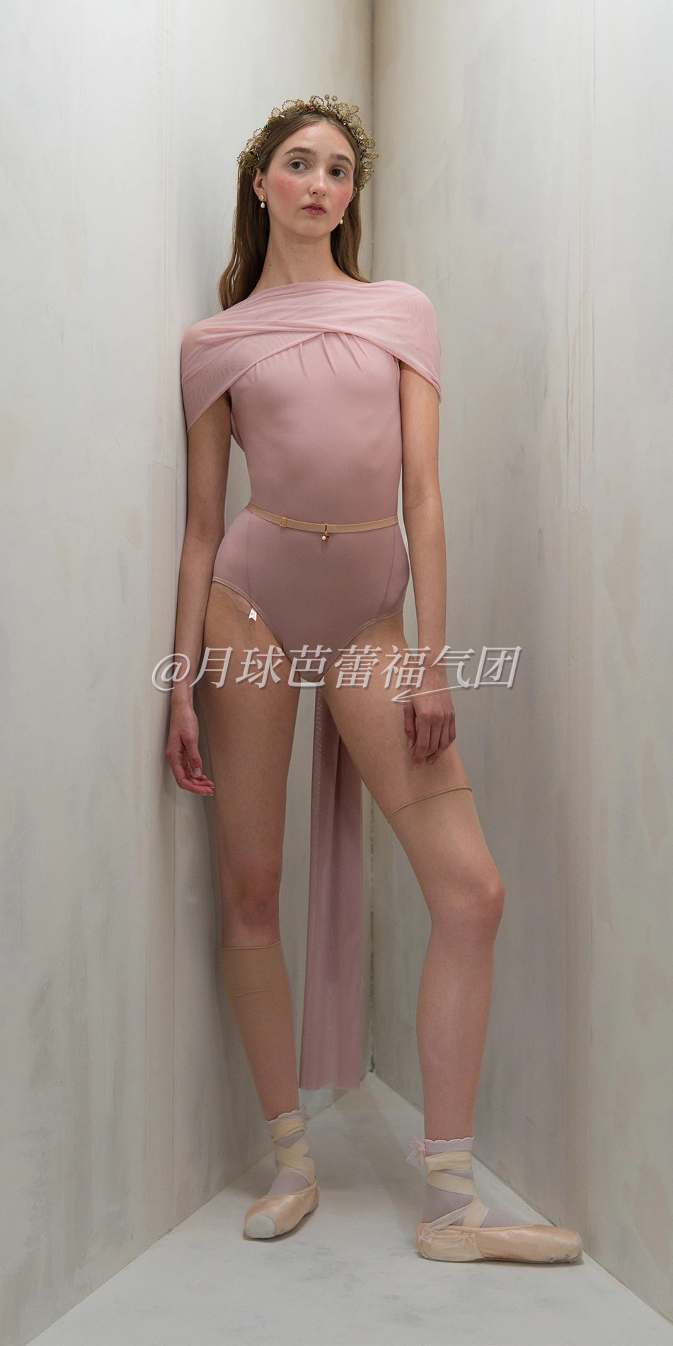 Halter scarf leotard in dusty pink front foot forward